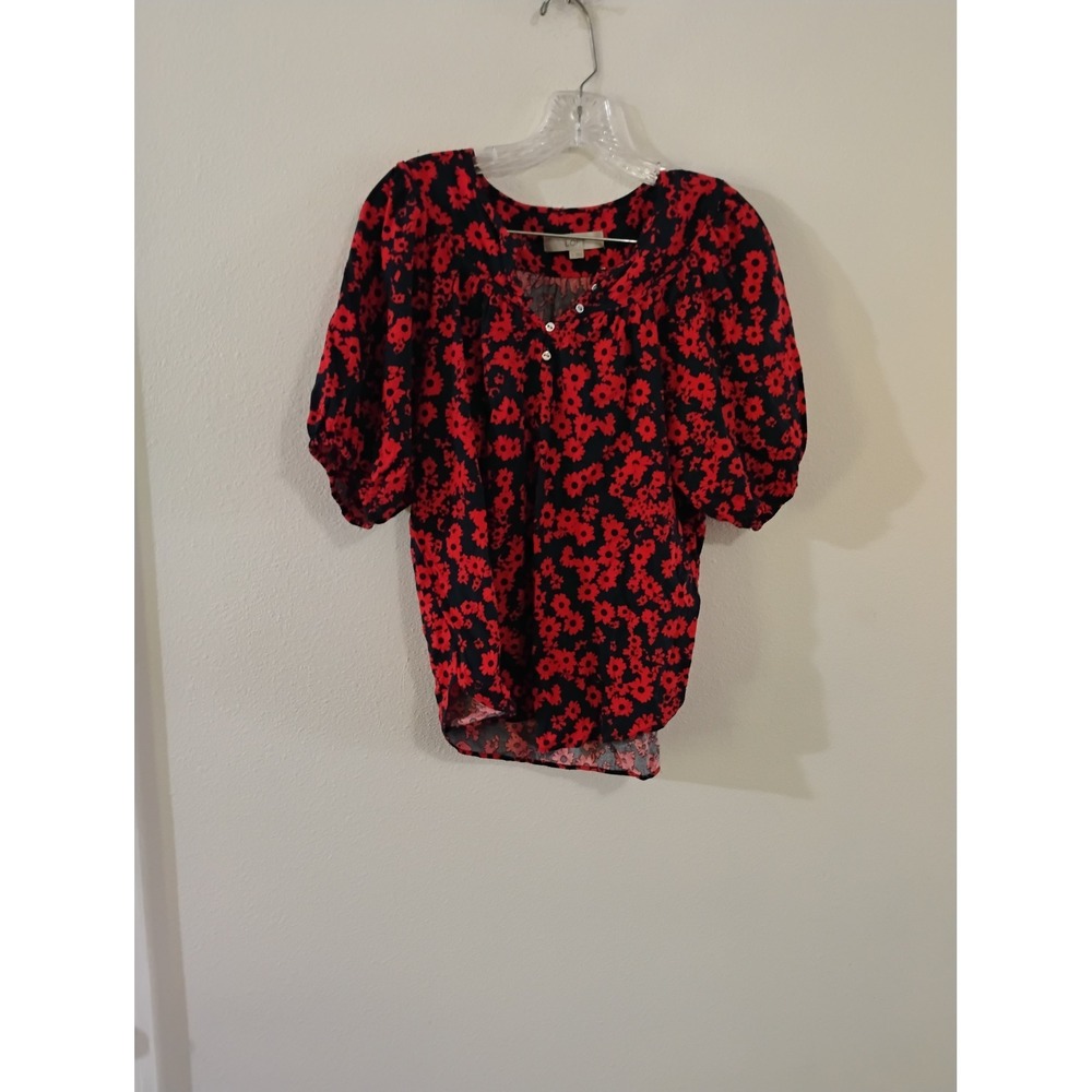 LOFT Red Floral Puff Sleeve Blouse Split Neck Daisy Print Top Small